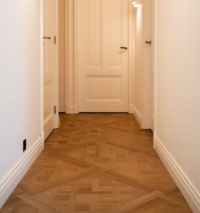 Couloir avec portes à panneaux et un parquet Versailles